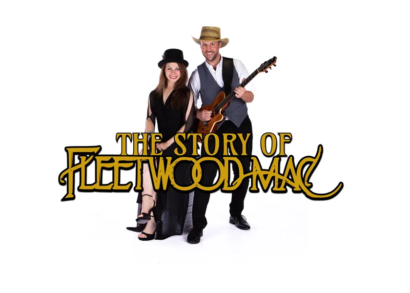 The Story of Fleetwood Mac poster, black and cream, with the Fleetwood Mac tribute logotype and silhouettes of Rachel and Peter Manchester performing