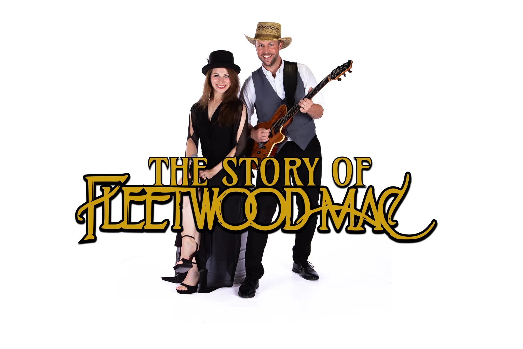 The Story of Fleetwood Mac poster, black and cream, with the Fleetwood Mac tribute logotype and silhouettes of Rachel and Peter Manchester performing