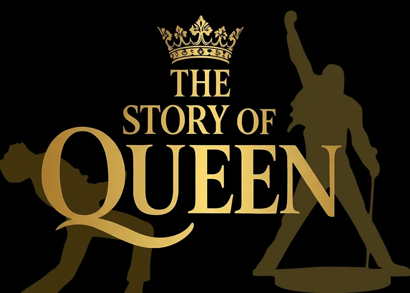 The Story of Queen logotype in gold, with a gold crown above the words, on a black background