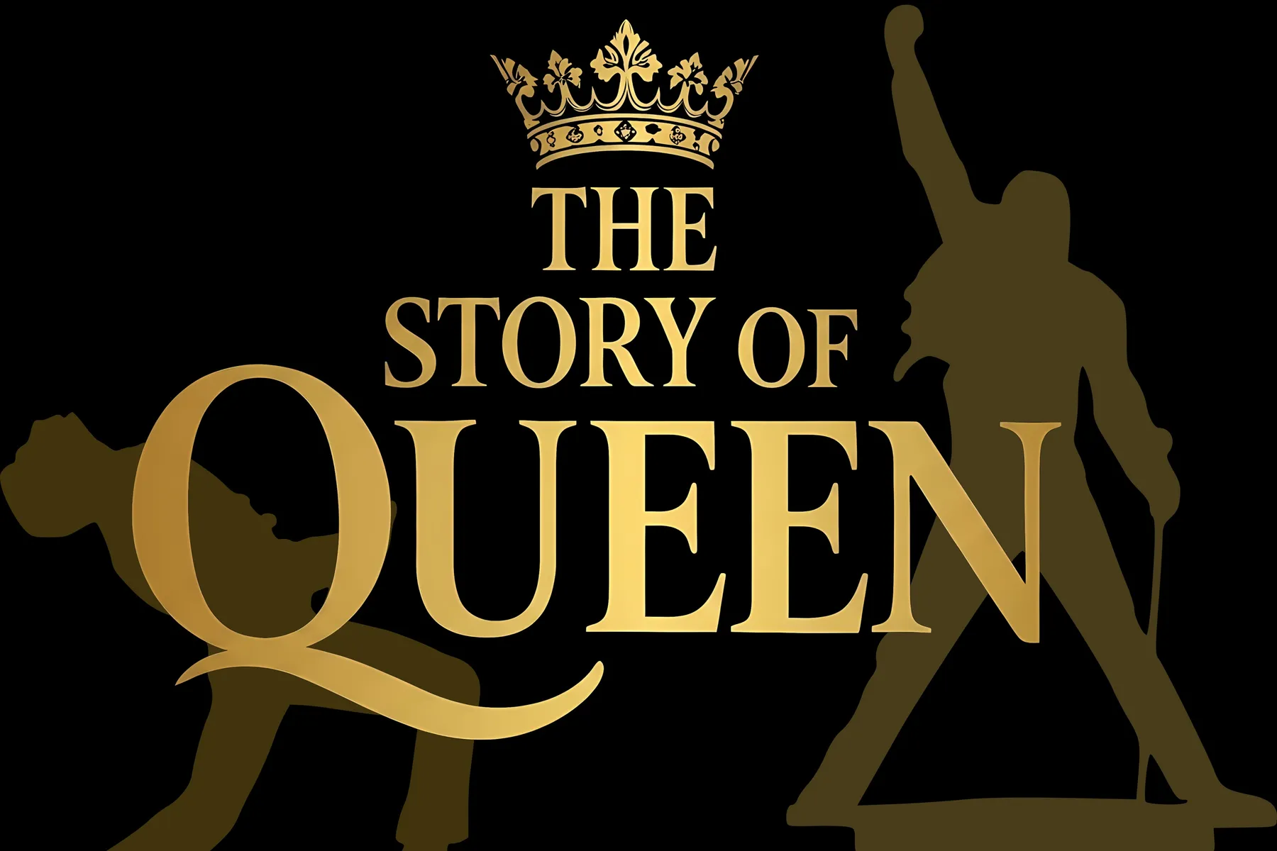 The Story of Queen logotype in gold, with a gold crown above the words, on a black background